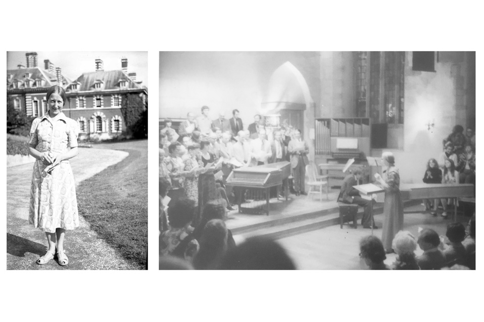 Two photos, one photo of a women wearing a dress, standing in front of a grand house, the other photo of people singing in a church, with a women conducting them in front of an audience.